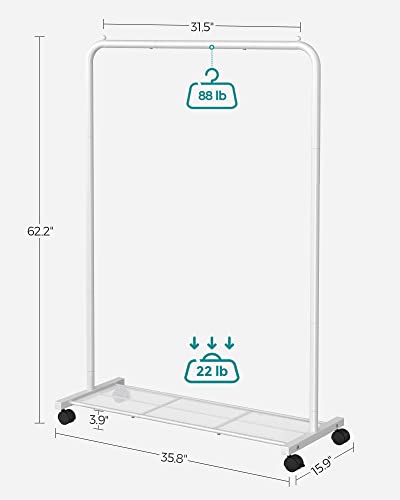 SONGMICS Clothes Rack with Wheels, Clothing Rack for Hanging Clothes, 25.4 mm Metal Garment Rack with Dense Mesh Storage Shelf, 110 lb Load Capacity, 2 Brakes, Cloud White UHSR025W01 - color: White, style: Single Rod