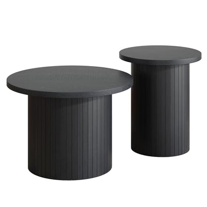Nesting Coffee Table Set of 2, Mid Century Modern Round Coffee Tables, Wood Slat Side Table Set for Living Room, Office, Balcony, Textured Black - color: Black