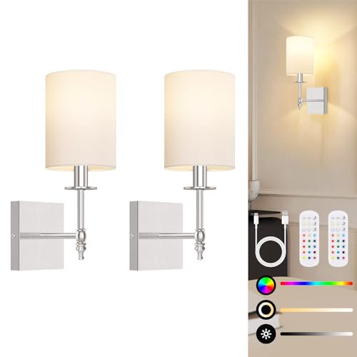 14 Inch Battery Operated Wall Sconces Set of 2 with Remote, Brushed Nickel Rechargeable Wireless Wall Lights with White Fabric Shade, Cordless Wall Lamps with Dimmable Detachable Bulbs for Bedroom - color: Brushed Nickel and White, size: 14.5 inch