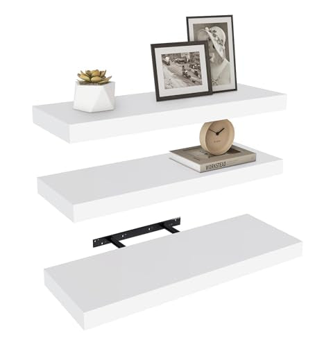 Vervida® White Floating Wall Shelves 24in Deep Set of 3 Modern 37 Lbs | Bedroom Bathroom Kitchen, Holds 37 Lbs Each Invisible Brackets, Modern Style Easy Install, Home Decor Display Storage Shelves - color: White, size: 24x7.9
