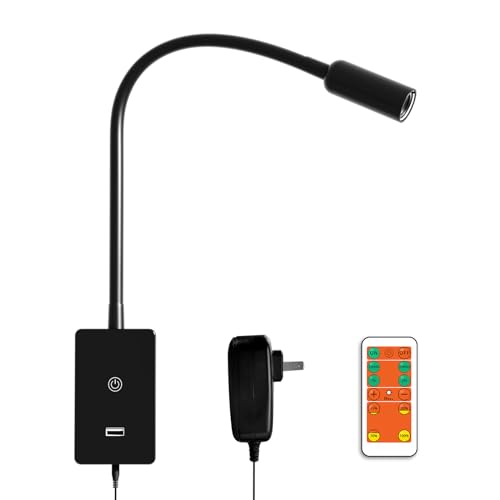 ENUOTEK LED Wall Mounted Bedside Lamp with Flexible Gooseneck, Remote Control Black Wall Mount LED Reading Spot Light for Bedroom, Timer Auto Off, Stepless and Step Dimmable, Neutral White Lighting - color: Black