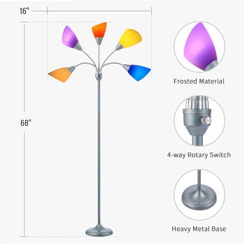 Medusa Floor Lamp, Multi Head 5 Light Floor Lamps for Living Room with 10 Lampshade, Adjustable Neck Reading Standing Lamp for Bedroom,Office,Kids,Classroom (Sliver) - color: Silvery