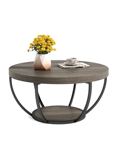LITTLE TREE Round Coffee Table, 32" Circle Coffee Tables for Living Room | 2-Tier Wood Accent Center Table with Open Storage Industrial Design Home Furniture (Grey and Black) - color: Grey and Black