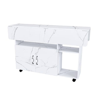 KEIKI 47 Inch Foldable Dining Table, Multi-Functional Folding Table with Storage Shelves and Wheels, Drop Leaf Extendable Dining Desk, Versatile Foldable Side Table for Kitchen, Dorm, Office, White - color: White