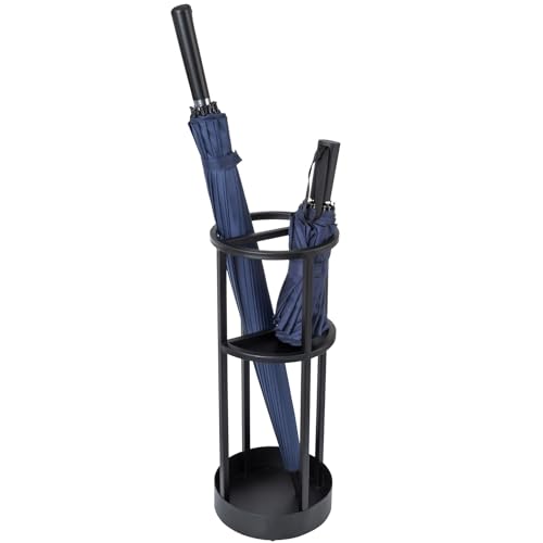 MyGift 20 Inch Tall Modern Round Matte Black Metal Freestanding Entryway Umbrella Rack or Cane Holder with Shelf for Small Umbrellas and Bottom Drip Catch - color: Black, size: 7.8″(Round)