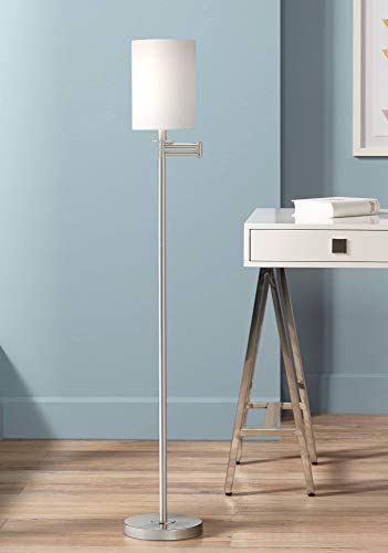 360 Lighting 60 1/2" Tall Drum Shade Brushed Nickel Swing Arm Floor Lamp | Modern Adjustable Standing Base 5 Silver White Cotton Fabric Cylinder for Living Room Reading House Bedroom - color: MM White Shade