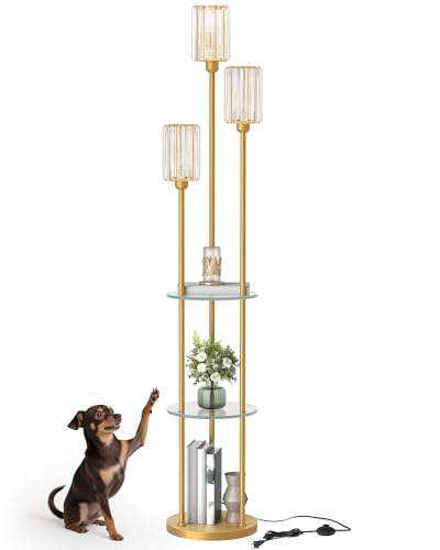 Gold Floor Lamp with Shelves, Modern Floor Lamp with 3 Crystal Shades and Foot Switch, 3-Light Standing Lamp with 3 Shelves, for Living Room, Bedroom, Study, Office, Gold D53LD05 - color: Gold + Crystal Glass