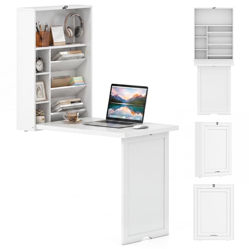 Giantex Wall Mounted Desk, Foldable Convertible Computer Desk with Storage Shelves, Space Saving Fold Out Table, Folding Floating Writing Desk for Small Spaces, Home Office, Bedroom, Apartment (White) - color: White