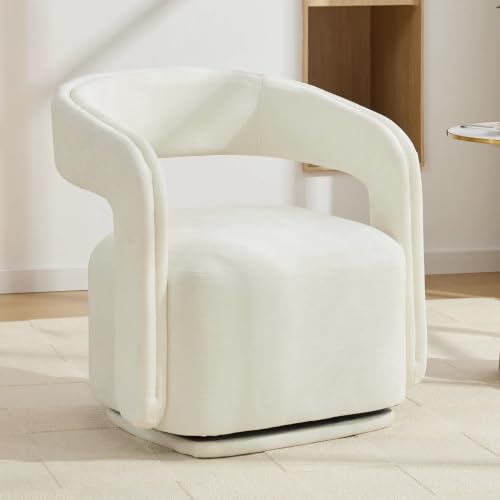 YaFiti Modern Swivel Accent Chair 1 pcs, Round Barrel Armchair, White | Chenille Fabric, 22” Widen Seat, Solid Wood Frame, 250lbs Capacity, Barrel Club Chair, Upholstered Armchair for Living Room - color: White