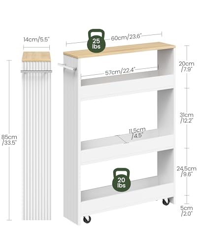 Slim Storage Cart with Wheels, 5.5" Narrow 4-Tier Rolling Cart, Multi-Purpose Utility Cart for Kitchen, Bathroom, Laundry Room, Living Room, White and Natural MTC02WN