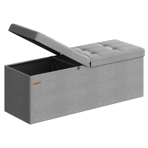 SONGMICS MAZIE Collection - 43 Inches Storage Ottoman, Foldable Storage Bench with Flipping Lid, 660 lb Load Capacity, for Entryway, Living Room, Bedroom, Light Gray ULSF71G - color: Light Gray, size: 15"D x 43"W x 15"H, style: Modern