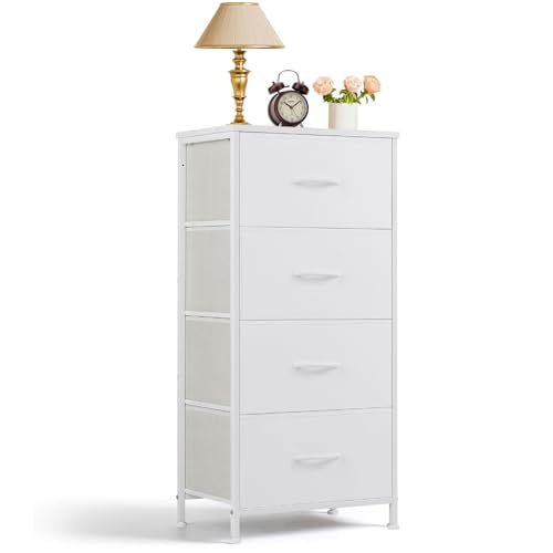 4 Drawer Dresser for Bedroom, Fabric Storage Drawer Unit with Wooden Top Steel Frame, Closet Organizer Chest of Drawers for Bedroom, Entryway, Dorm, White