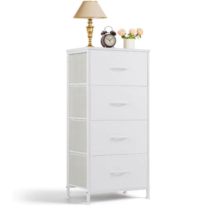 4 Drawer Dresser for Bedroom, Fabric Storage Drawer Unit with Wooden Top Steel Frame, Closet Organizer Chest of Drawers for Bedroom, Entryway, Dorm, White