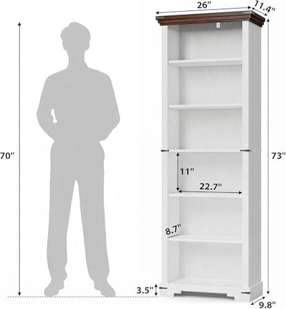 6-Tier Farmhouse Bookshelf, 73 inch Tall Book Shelf with Unique Design & 2 Adjustable Shelves, Wooden Bookshelf for Study Room, Living Room, Kitchen, Bedroom (White) - color: White, size: 6-tier