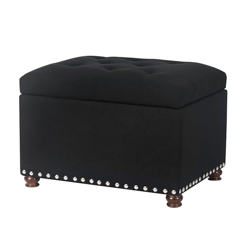 Storage Ottoman Bench, Rectangle 24″ Linen Foot Rest Stool Square Footstool for Living Room, Bedroom, Black - color: Line Black