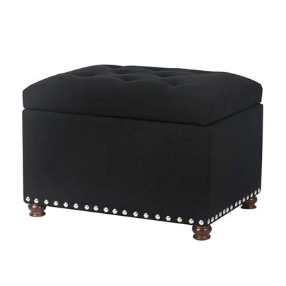 Storage Ottoman Bench, Rectangle 24″ Linen Foot Rest Stool Square Footstool for Living Room, Bedroom, Black - color: Line Black