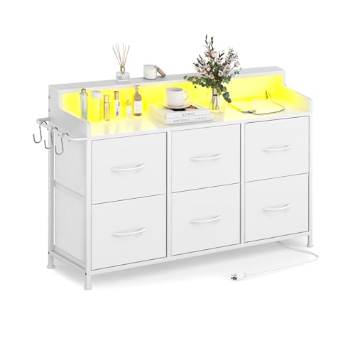 6 Drawer Dresser with Charging Station & LED, Storage Organizer for Bedroom | White Fabric Dresser, Chest of Drawers, TV Stand, Adjustable LED Light, Sturdy Frame, Wood Top, Side Hooks, Fits Small Spaces - color: White