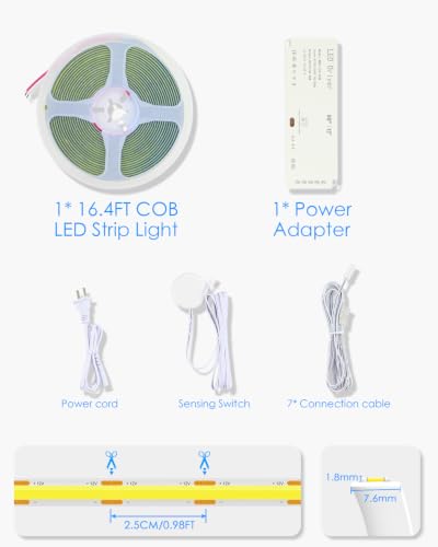 COB LED Shelf Lighting Cold White 12V Cabinet Light Plug in 16.4FT | 60W 7-in-1 Under Cabinet Lights，Touch Switch Dimmable，Flexible DIY Cuttable, 320LED/M LED Tape Light,for bookshelves pantry - color: Cold White, size: 5M