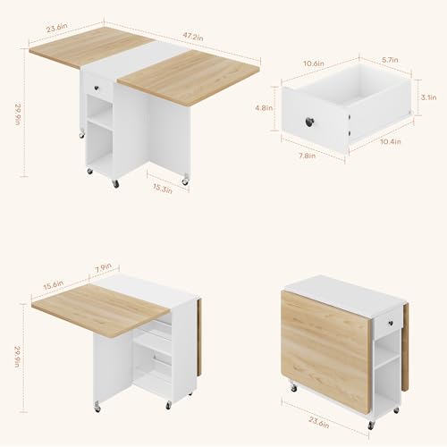 Jocoevol Space Saving Folding Dining Table for 4, Foldable Dining Table with Drawer and Storage Shelf, 6 Wheels Drop Leaf Kitchen Dining Room Table for Small Space (Natural, 47.2" x 23.6" x 29.9") - color: Oak