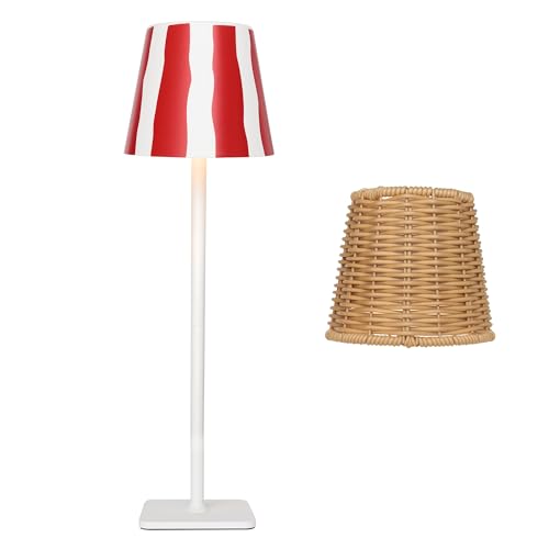 Mr. White Outdoor Waterproof Cordless Wireless Rechargeable Portable Top Touch Battery Operated Powered LED Table Lamp Desk Lamp Lights for Restaurant Kitchen Patio Dinner Dining (Red) - color: Red Stripe+Wicker Lampshade
