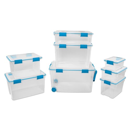 Sterilite Gasket Storage Box with Lids for Home & Office, 37 Quart, 8-Pack | Heavy-Duty, Stackable, and Organizing Containers for Bathroom, Cabinet, Closet, and Garage, Clear and Blue Aquarium Latches - size: 37 Quart, style: 8 Pack