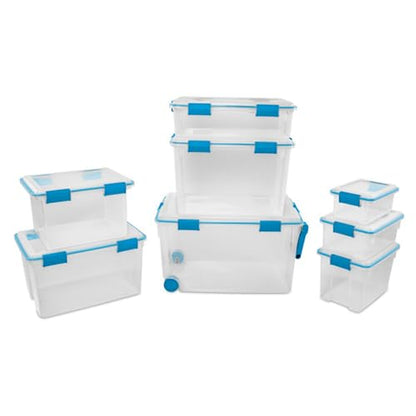 Sterilite Gasket Storage Box with Lids for Home & Office, 37 Quart, 8-Pack | Heavy-Duty, Stackable, and Organizing Containers for Bathroom, Cabinet, Closet, and Garage, Clear and Blue Aquarium Latches - size: 37 Quart, style: 8 Pack