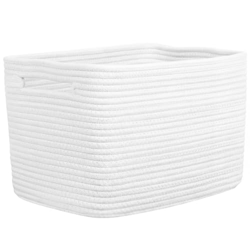 Storage Baskets for Organizing, 14 x 10 x 9” Closet Shelf Woven Baskets, Square Bins with Handles, Cotton Rope Basket for Clothes, Office, Room, White 1 Pack - color: White, size: 1pc