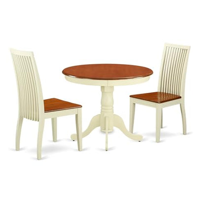 East West Furniture ANIP3-BMK-W 3 Piece Dining Set Contains a Round Dining Room Table with Pedestal and 2 Wood Seat Chairs, 36x36 Inch, Buttermilk & Cherry - color: Anip3-bmk-w