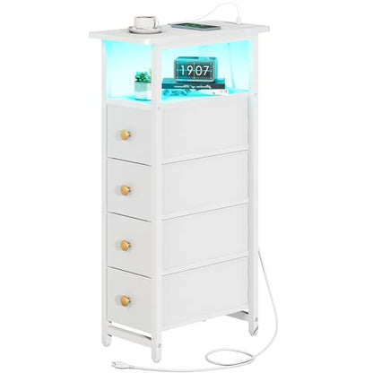 Yoobure LED Narrow Nightstand with Charging Station - Slim Dresser for Bedroom Narrow Side Table Storage Cabinet, Small Dressers Chest of Drawers, Tall Night Stand End Table for Small Spaces, White - color: White