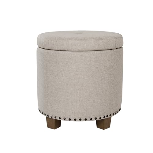 HomePop 18.5" Round Storage Ottoman with Nailheads - Light Brown Fabric - color: Light Brown Fabric