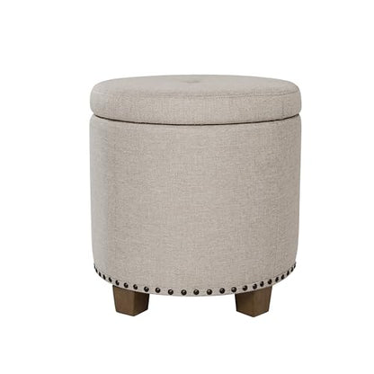 HomePop 18.5" Round Storage Ottoman with Nailheads - Light Brown Fabric - color: Light Brown Fabric