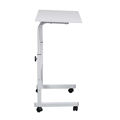 Sofa Side Table C Shaped End Table with Wheels, Rolling Bedside Laptop Table Snack Table TV Tray, Height Adjustable, Wooden Top & Metal Frame (White) - color: White, 31.5"