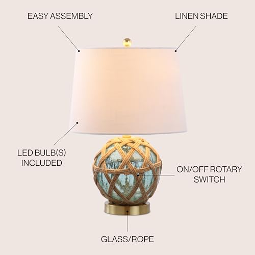 JONATHAN Y Andrews Table Lamp 21.5" Nautical Glass and Rope, Brown/Aqua | Coastal Transitional Bedside Light, White Linen Drum Shade, Brass Gold Metal Base, Rotary Switch, LED Bulb Included