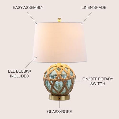 JONATHAN Y Andrews Table Lamp 21.5" Nautical Glass and Rope, Brown/Aqua | Coastal Transitional Bedside Light, White Linen Drum Shade, Brass Gold Metal Base, Rotary Switch, LED Bulb Included
