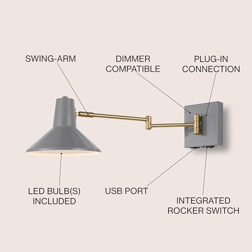 JONATHAN Y Hygge 1-Light Modern Swing Arm USB Sconce 8", Grey/Brass Gold | Metal Construction, Plug-In Midcentury Bedside Wall Lamp, Cone Shade, Adjustable Head, LED Bulb Included - color: Grey/Brass Gold