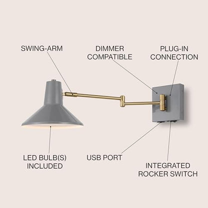 JONATHAN Y Hygge 1-Light Modern Swing Arm USB Sconce 8", Grey/Brass Gold | Metal Construction, Plug-In Midcentury Bedside Wall Lamp, Cone Shade, Adjustable Head, LED Bulb Included - color: Grey/Brass Gold