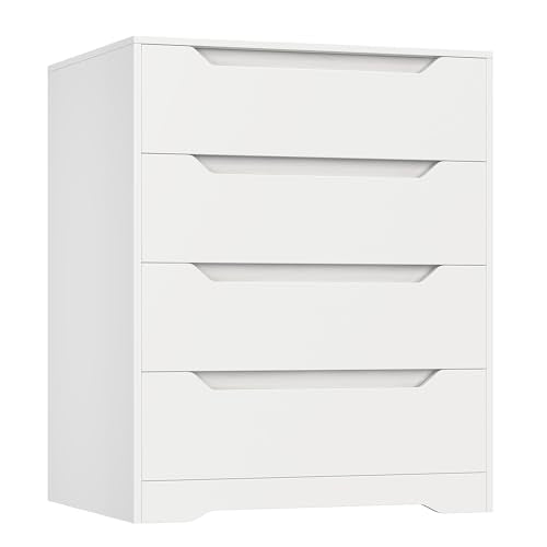 HOSTACK Modern 4 Drawers Dresser for Bedroom, Wood Chest of Drawers, White | White Dresser with Cut-Out Handles, Small Dresser with Storage, 4 Drawers Chest, Tall Storage Dresser for Living Room - color: Classic White