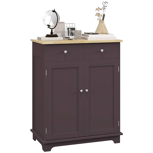 HOMCOM Sideboard Buffet Cabinet Solid Wood Countertop Coffee | Modern Kitchen Storage, Coffee Bar Cabinet, 2 Drawers, Doors, Adjustable Shelf - color: Coffee, size: 26.75" x 15.75" x 33.5"