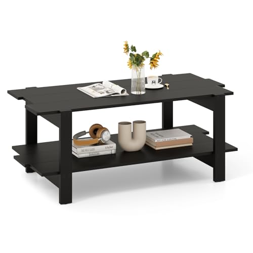 Giantex Coffee Table with Storage, 45 Inch Modern Center Table with Slatted Design & Side Rail Support, Rectangular Living Room Table for Small Spaces, Black - color: Black