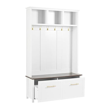 JIVOIT 4-in-1 Entryway Hall Tree with Brown Wood Grain Storage Bench, Wood Entryway Coat Hanger Hall Tree with 6 Golden Hooks, 2 Drawers, Coat Rack for Living Room, Hallway (White/31) - color: White/31