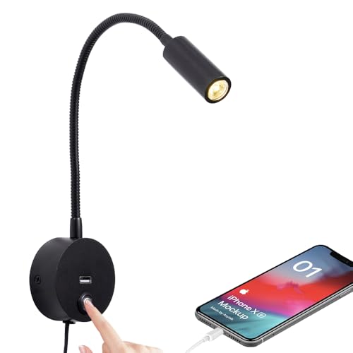 Dimmable Wall Mounted Reading Light with USB Charging Port, Plug-in LED Headboard Reading Light, Bedside Spot Wall Lamps with Flexible Gooseneck, Black Finished - color: Dimmable/3 Color/USB/Black