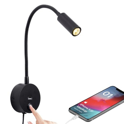 Dimmable Wall Mounted Reading Light with USB Charging Port, Plug-in LED Headboard Reading Light, Bedside Spot Wall Lamps with Flexible Gooseneck, Black Finished - color: Dimmable/3 Color/USB/Black
