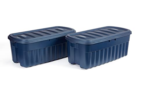 Rubbermaid Roughneck Tote 50 Gal, 2 Pack, Made in USA, Dark Indigo Metallic, Rugged Plastic Stackable Storage Bins with Lids and Handles - size: 50 Gal - 2 Pack