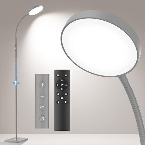 PACOVY 플로어 램프, 거실 침실용 높이 조절 가능한 플로어 램프, 120 LED 매우 밝은 스탠딩 램프 리모컨 조도 조절 가능한 구즈넥 톨 스탠드 독서 램프, 사무실 공예용, 매트 그레이 - color: 회색.