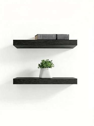 Solid Wood Floating Shelves,11.8in Finished Real Wood Wall Shelves with Heavy-Duty Hidden Bracket, Easy Installation, Set of 2, 11.8in x 7.1in x 1.5in, for Living Room Bedroom Kitchen,Black - color: Black, size: 11.8in