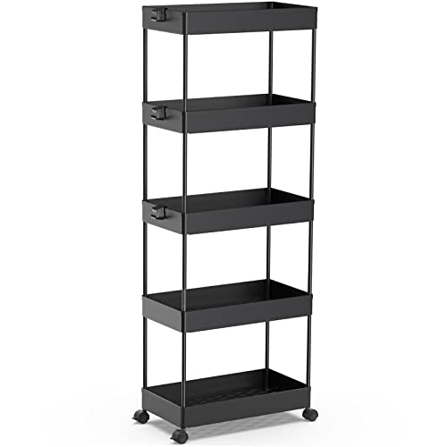 SPACEKEEPER 5 Tier Storage Rolling Cart, Bathroom Cart with Wheels, Black | Mobile Storage Cart for Laundry Room Organization,Kitchen,Office,Bathroom, Utility Cart for Snack,Craft,Art,Makeup,Nail,Toys - color: Black, size: 5 Tier