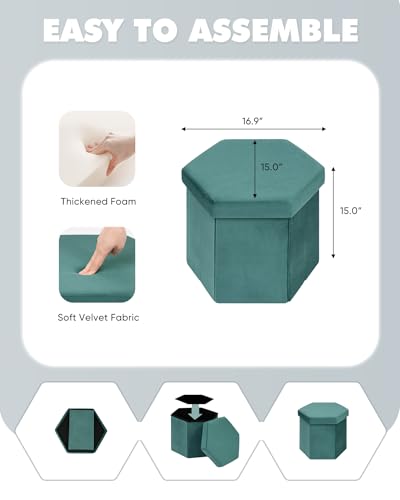 B FSOBEIIALEO Storage Ottoman Cube Hexagonal Pouf Ottomans, Foot Rest Seat for Sofa Footrest Entryway Shoe Footstool for Living Room/Bedroom/Entrway Velvet Blue 16.93"x15"x15" - color: Blue