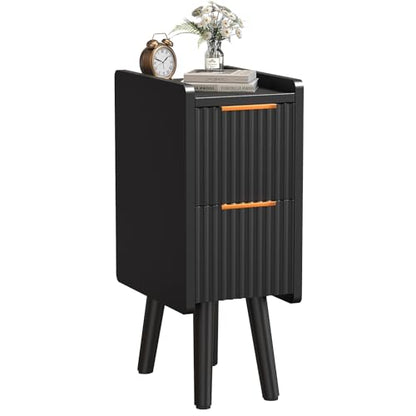 ELYKEN 7.9" Fluted Narrow Nightstand, 20.6" H Skinny Side Table, Black | Compact Design for Small Spaces, 2 Drawers, Modern Black Finish, Perfect as Bedside Table, End Table or Sofa Side Table - color: Black-1 Pcs