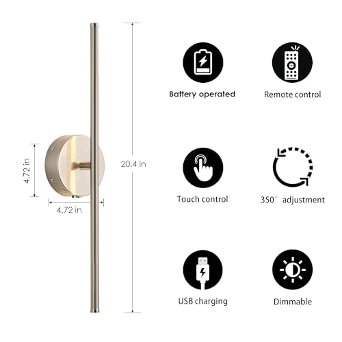 KARTOOSH Battery Operated Wall Sconces Set of Two Wireless Wall Lights | Rechargeable Wall Sconce with Remote 350°Rotate Dimmable 3000K LED Wall Lamp for Living Room, Bedroom - color: Nickel, size: 20.4 Inches