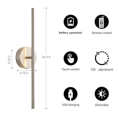 KARTOOSH Battery Operated Wall Sconces Set of Two Wireless Wall Lights | Rechargeable Wall Sconce with Remote 350°Rotate Dimmable 3000K LED Wall Lamp for Living Room, Bedroom - color: Nickel, size: 20.4 Inches